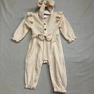 Unbranded Infant Size 3-6 M Girls Ivory Jacquard Long Sleeve Jumpsuit With Bow